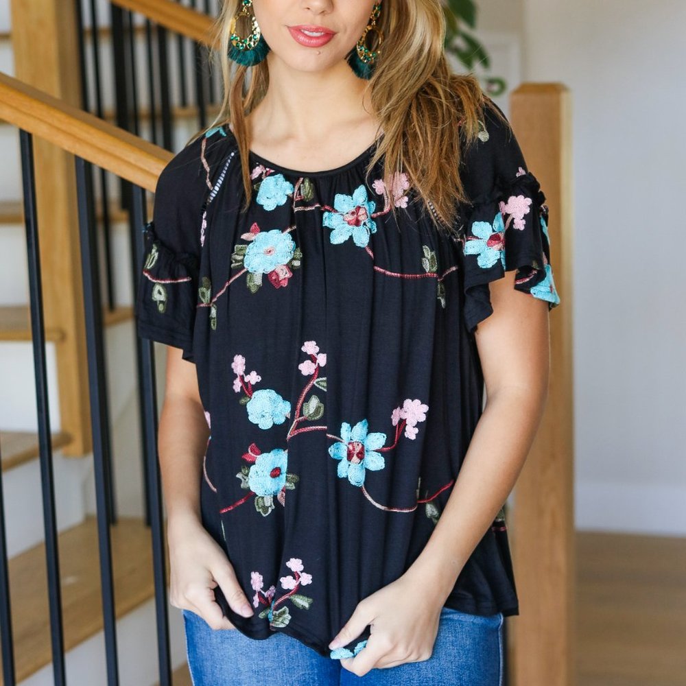 Emboldened Black Floral Embroidery Flutter Sleeve Top